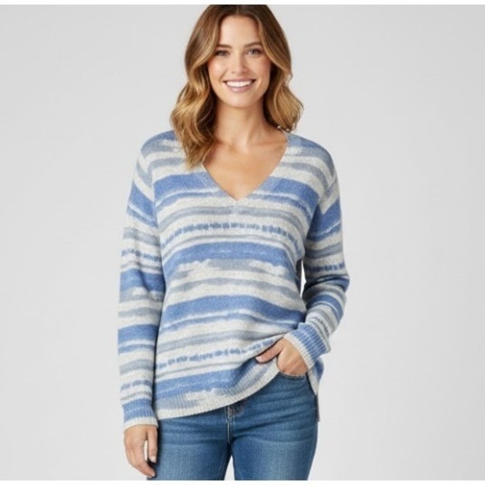 PURE COLLECTION 100% Cashmere Sz 4 Striped V Neck Sweater Blue Grey Women's